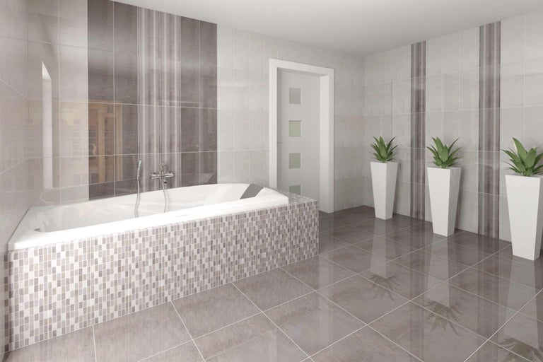 Helles Badezimmer mit Badewanne, Fliesen und Pflanzen