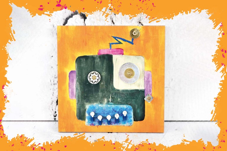 Gemälde mit Roboter-Motiv auf Holzgrund