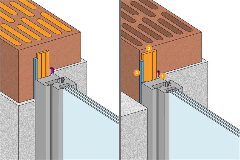 Schema einer Fensterinstallation mit Dämmung, Mauerwerk und Glas