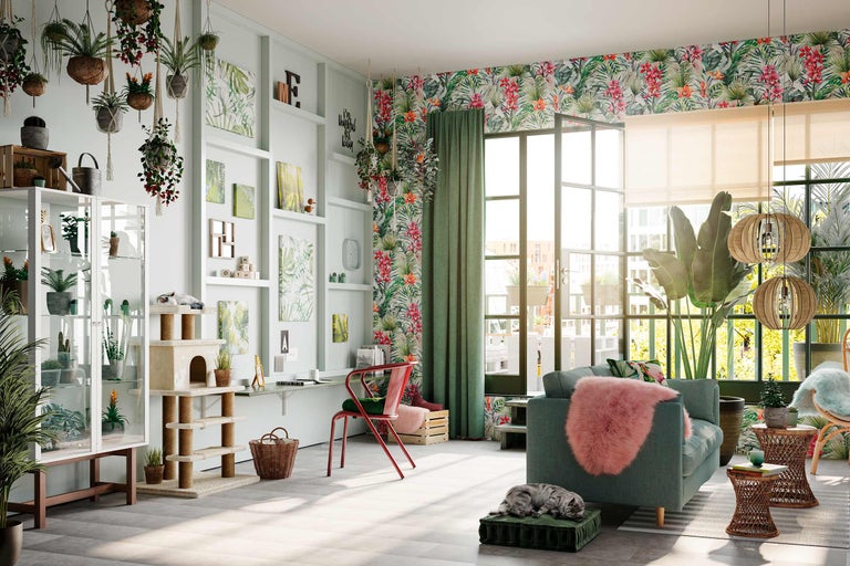 Wohnzimmer im Dschungelstil mit Möbeln, Pflanzen und Dekorationen