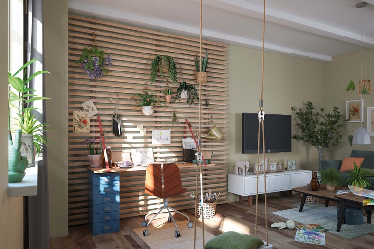 Helles Wohnzimmer mit Schreibtisch, Holzvertäfelung, Hängepflanzen und Fernseher