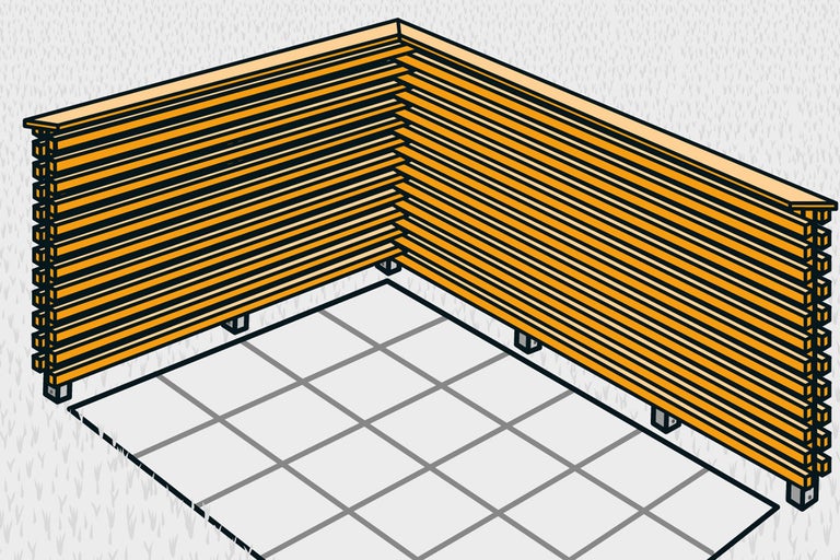 Illustration eines Holz Sichtschutzzauns auf einem quadratischen Bodenbelag