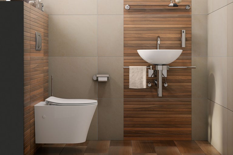 Modernes Badezimmer mit Wandtoilette, Waschbecken und Holzelementen