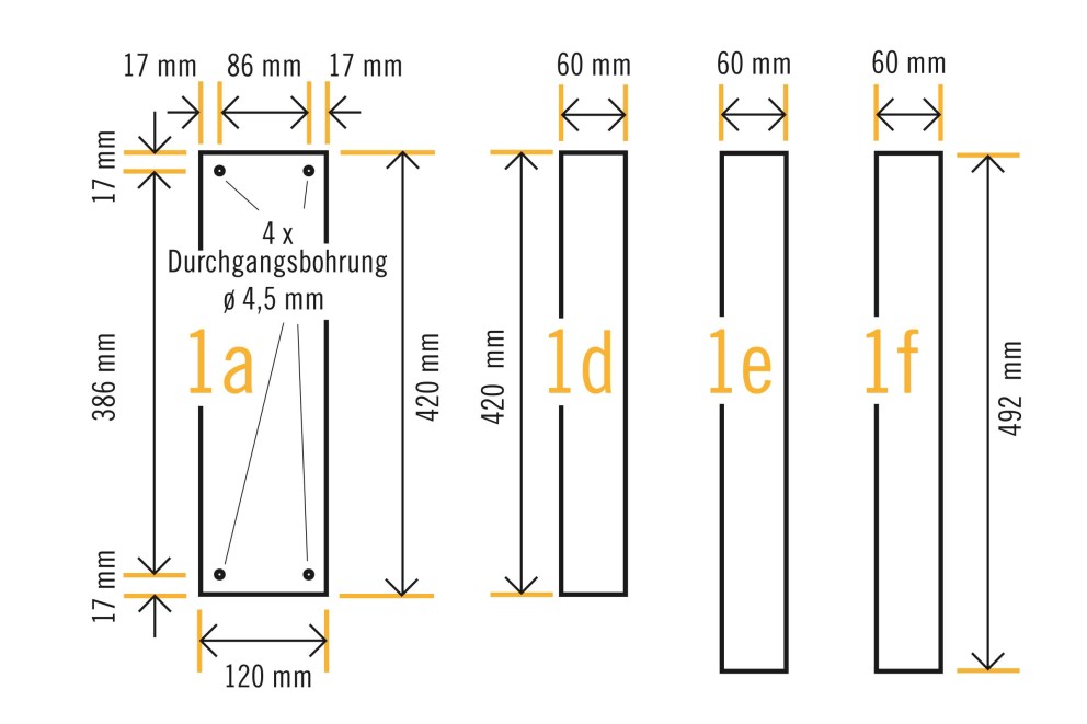 Technische Zeichnung mit Abmessungen für verschiedene Profile