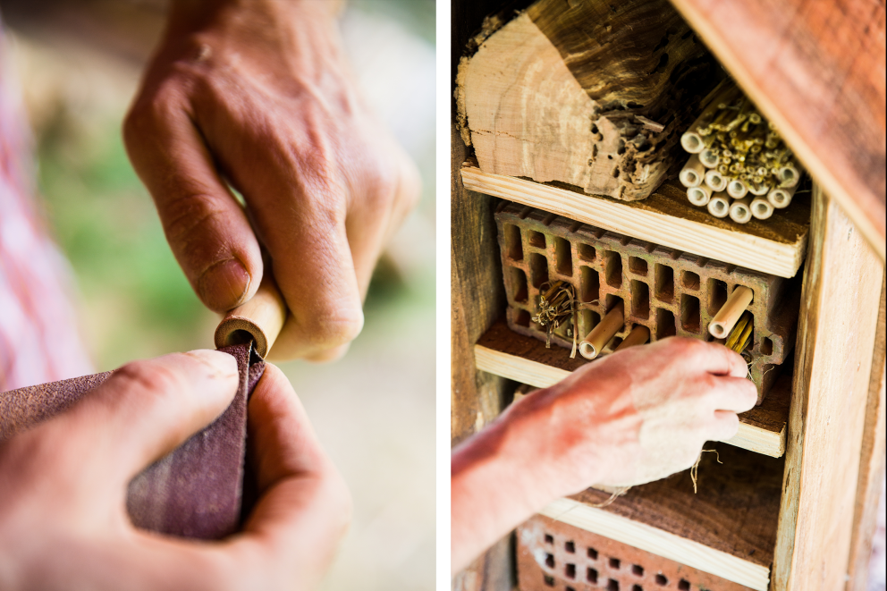 Autor Sascha Borrée stumpft scharfe Sägekanten eines Bambusrohres ab, damit die zarten Bienenflügel der Insekten nicht daran verletzt werden. Danach bringt er die unterschiedlichen Baustoffe seines Insektenhotels regengeschützt in Ziegelsteinen oder bodenlosen Blechdosen unter. Autor Sascha Borrée stumpft scharfe Sägekanten eines Bambusrohres ab, damit die zarten Bienenflügel der Insekten nicht daran verletzt werden. Danach bringt er die unterschiedlichen Baustoffe seines Insektenhotels regengeschützt in Ziegelsteinen oder bodenlosen Blechdosen unter.