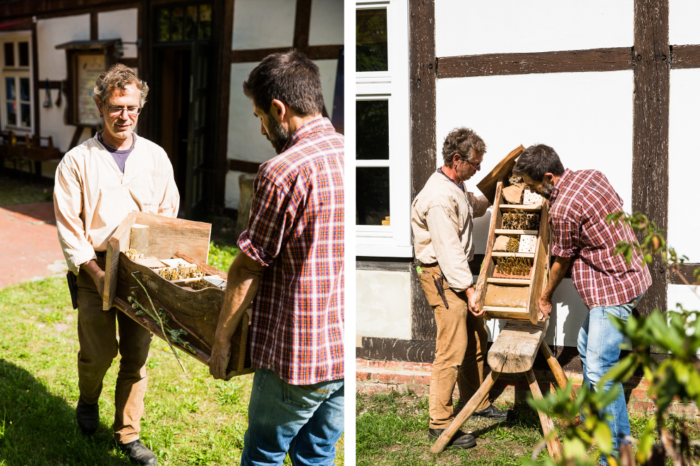 Michail Schütte, Mitarbeiter beim Naturum Göhrde und Workshop Leiter, und Sascha Sascha Borrée tragen das selbst gebaute Insektenhotel an einen geeigneten Platz und stellen es auf. Michail Schütte, Mitarbeiter beim Naturum Göhrde und Workshop Leiter, und Sascha Sascha Borrée tragen das selbst gebaute Insektenhotel an einen geeigneten Platz und stellen es auf.