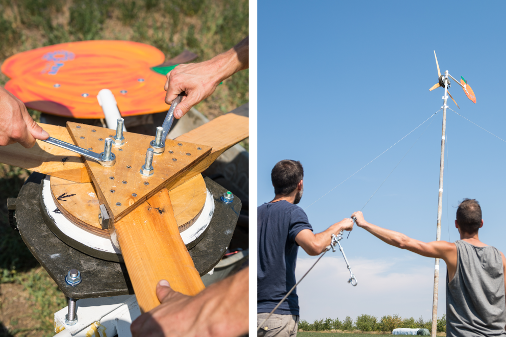 Erst an Ort und Stelle – am künftigen Standort des Windrads – werden die vorbereiteten Windrad Komponenten miteinander und am Mast montiert. Dann richten die Workshop Teilnehmer die Konstruktion in Teamwork auf. Erst an Ort und Stelle – am künftigen Standort des Windrads – werden die vorbereiteten Windrad Komponenten miteinander und am Mast montiert. Dann richten die Workshop Teilnehmer die Konstruktion in Teamwork auf.