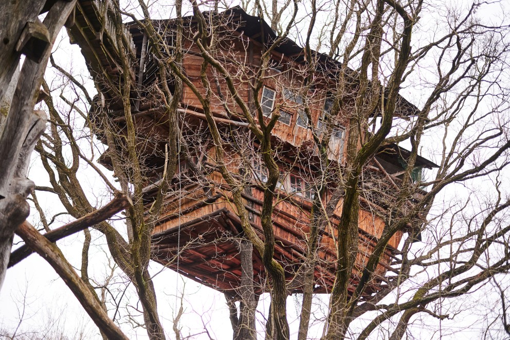 Ein mehrstöckiges, großes Baumhaus hoch oben in einer Baumkrone Ein mehrstöckiges, großes Baumhaus hoch oben in einer Baumkrone