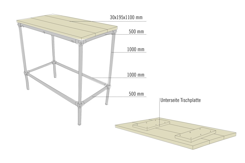 Illustration eines Tisches mit Holzplatte und Metallgestell mit Maßangaben