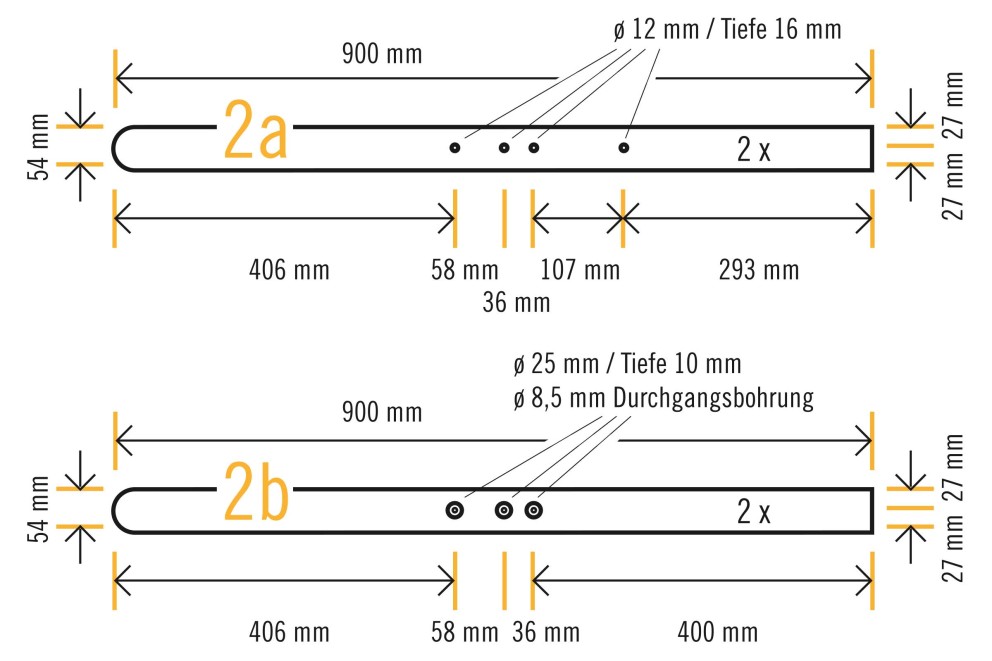 Technische Zeichnung mit Maßangaben der Produktvarianten 2a und 2b