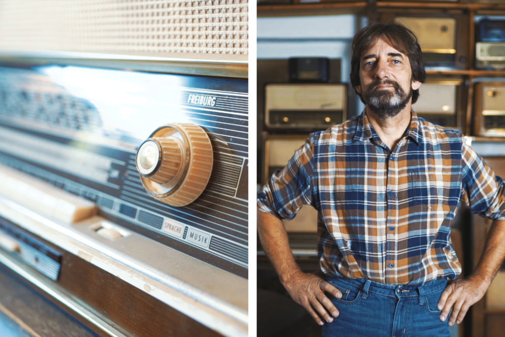 Nahaufnahme von einem alten Radio; Ein Porträt von Johann Schröders; Nahaufnahme von einem alten Radio; Ein Porträt von Johann Schröders;