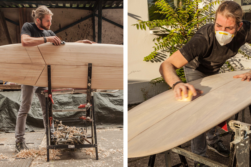 Beim Surfbrett bauen aus Holz machen die Rails die meiste Arbeit + Das Unterwasserschiff wird mit dem Schleifklotz herausgeformt Beim Surfbrett bauen aus Holz machen die Rails die meiste Arbeit + Das Unterwasserschiff wird mit dem Schleifklotz herausgeformt