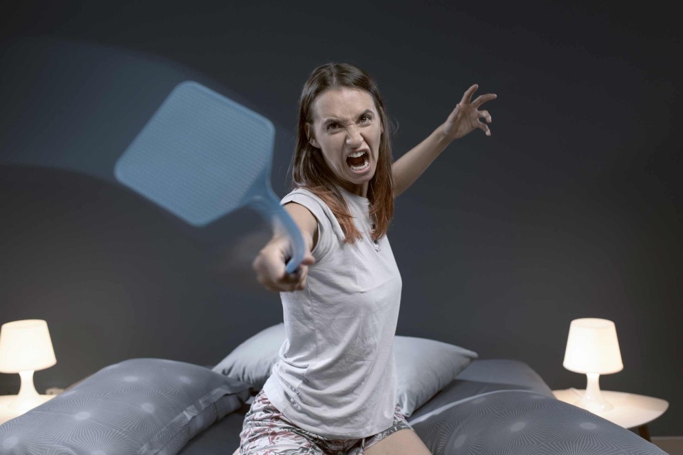 Frau mit Fliegenklatsche im Schlafzimmer
