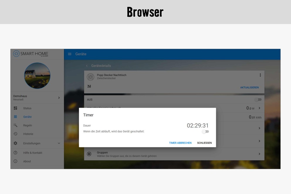 Smart Home App-Oberfläche zur Timer-Einstellung für ein Gerät