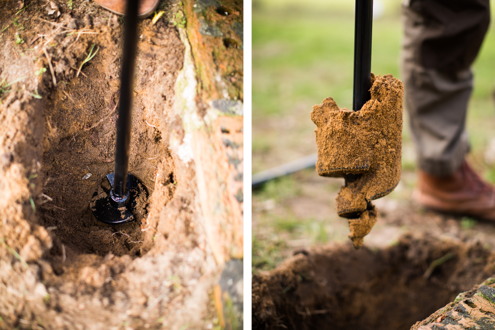 Sascha Borrée, der seinen ersten Gartenbrunnen baut, nutzt einen Handerdbohrer, um ein paar Meter tief in die Erde zu bohren Sascha Borrée, der seinen ersten Gartenbrunnen baut, nutzt einen Handerdbohrer, um ein paar Meter tief in die Erde zu bohren