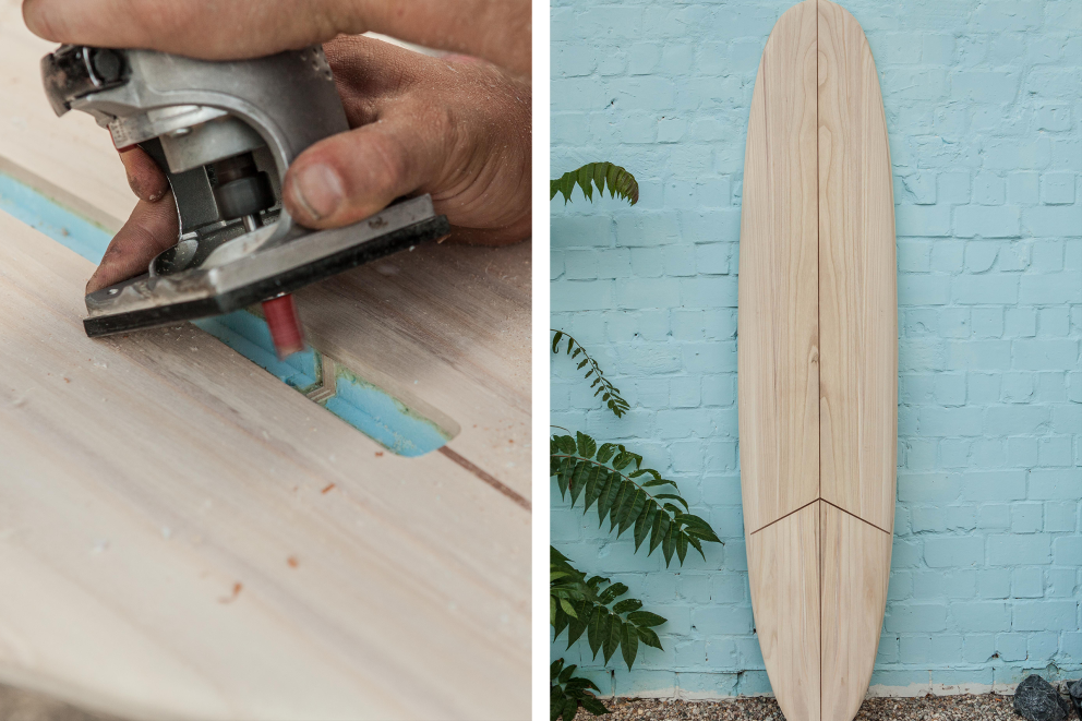 Ausfräsen der Aussparung zur Aufnahme des Finnenkastens + Das fertige Surfboard vor einer türkisfarbenen Hauswand Ausfräsen der Aussparung zur Aufnahme des Finnenkastens + Das fertige Surfboard vor einer türkisfarbenen Hauswand
