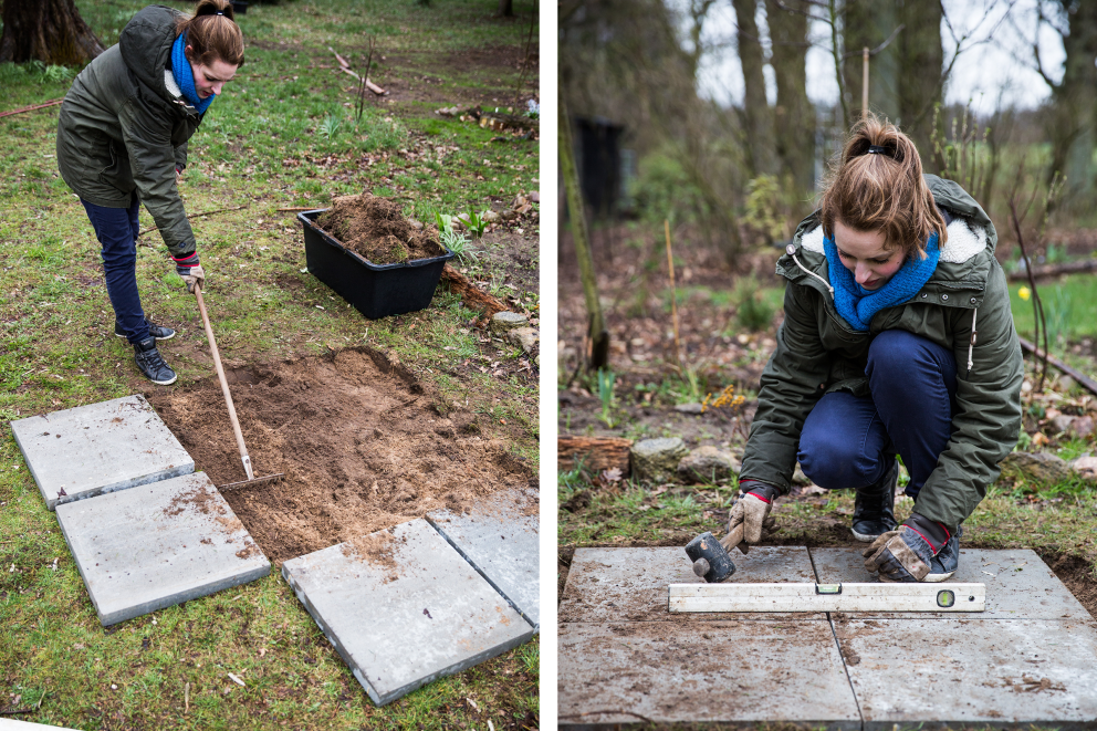 Autorin Ester Acson legt die Betonplatten, das Fundament für ihren Gartengrill, aus.