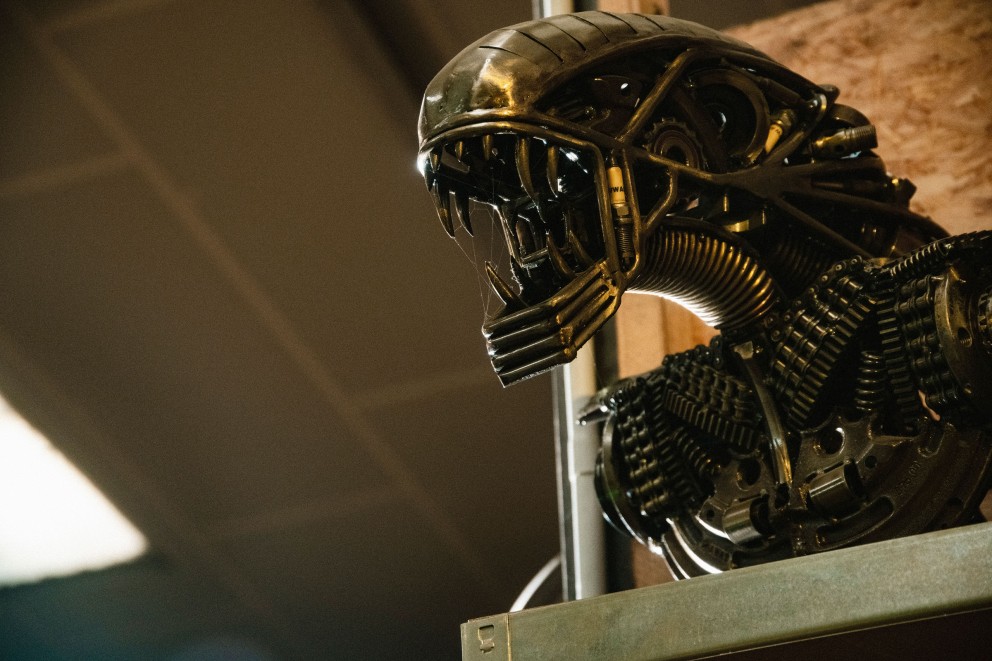 Kopf der „Alien“ Queen aus dem Sci Fi Klassiker steht in einem Regal.