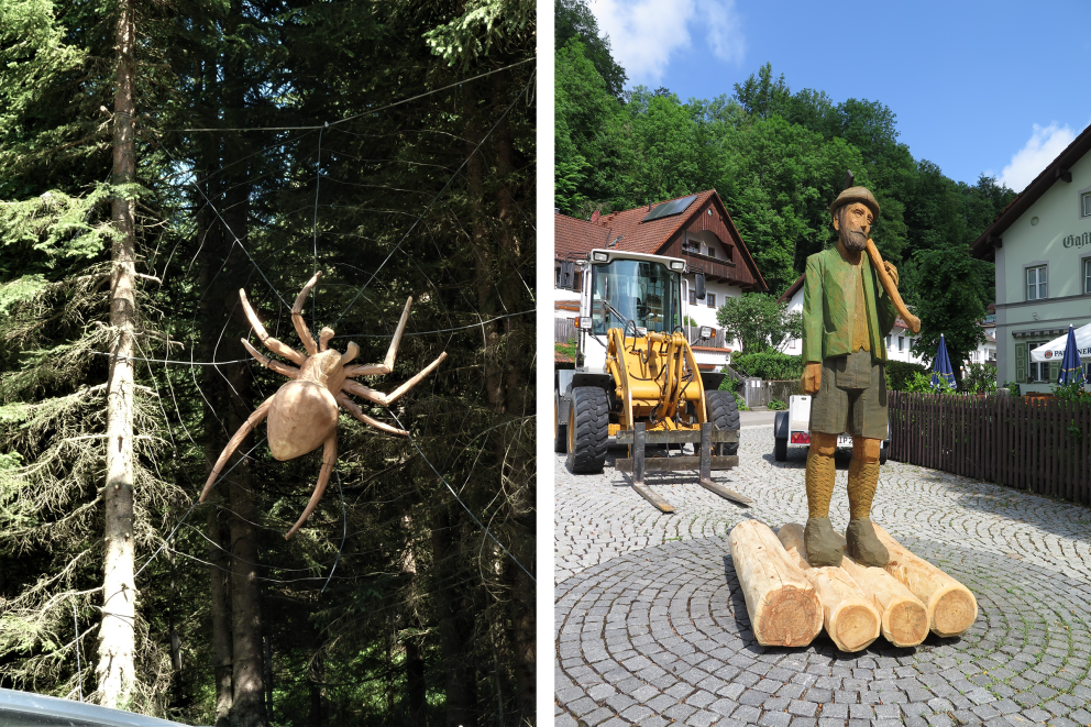 Eine Holzspinne, die in einem Netz aus Drahtseilen im Bergwald hängt und der überlebensgroße Flößer. Zwei von Sebastian Buchwiesers selbst gebauten Werken. Eine Holzspinne, die in einem Netz aus Drahtseilen im Bergwald hängt und der überlebensgroße Flößer. Zwei von Sebastian Buchwiesers selbst gebauten Werken.