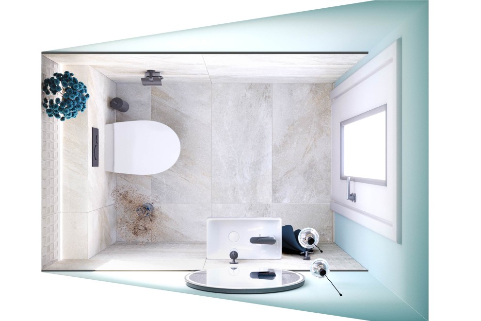 Ansicht eines Badezimmers mit Toilette, Waschbecken und Dekorationsartikeln