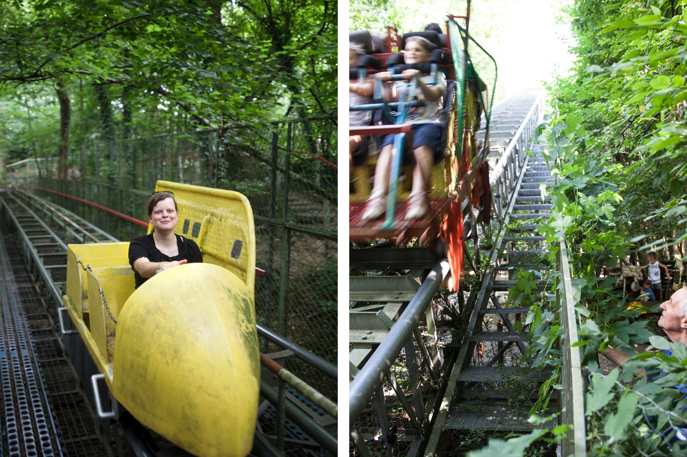 Eine Frau fährt in einer selbstgebauten Achterbahn; Kinder fahren mit der selbstgebauten Achterbahn und Bruno Ferrin kontrolliert durchs Dickicht; Eine Frau fährt in einer selbstgebauten Achterbahn; Kinder fahren mit der selbstgebauten Achterbahn und Bruno Ferrin kontrolliert durchs Dickicht;
