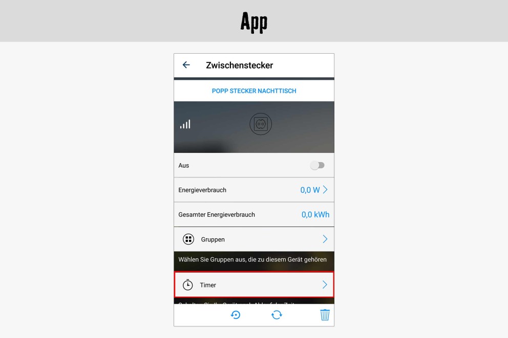 App-Ansicht eines Zwischensteckers mit Energieverbrauchsanzeige