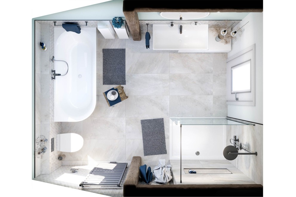 Vogelperspektive eines hellen Badezimmers mit Badewanne, Toilette, Waschbecken und Dusche
