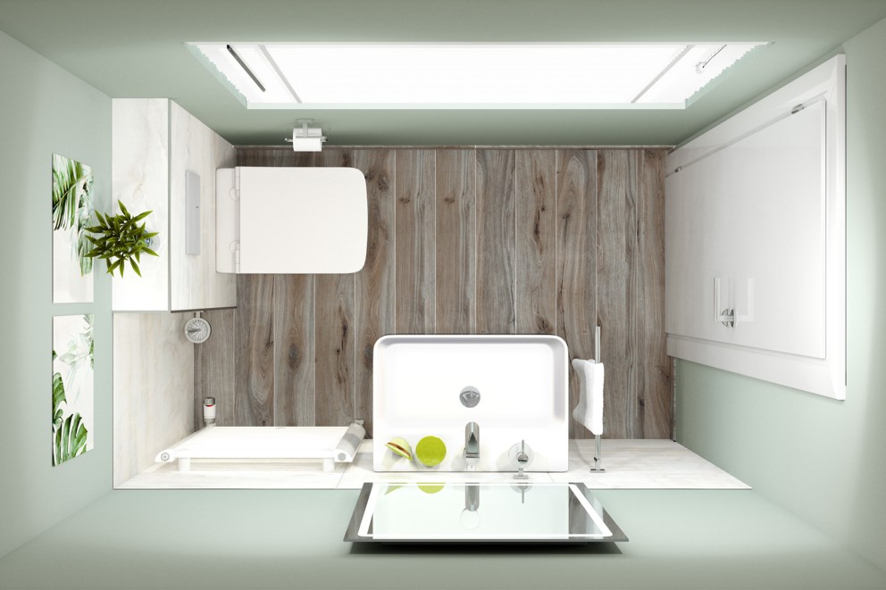 Badezimmer mit Toilette, Waschbecken, Spiegel und Holzpaneelen