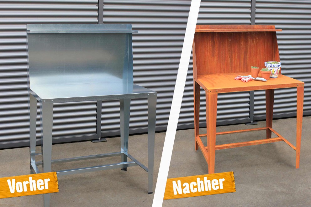Vorher und Nachher Darstellung eines Gartentisches aus Metall und einem Gartentisch aus Holz