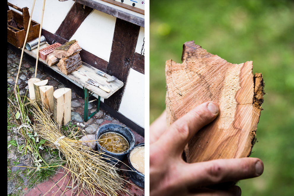 Die Qual der Wahl beim Material: Einige Insekten mögen Stroh, andere Bambus, erklärt Workshop Leiter Michail Schütte, wieder andere lieben Totholz, das Holz abgestorbener Bäume. Daher verbaut Sascha es auch in seinem Insektenhotel. Die Qual der Wahl beim Material: Einige Insekten mögen Stroh, andere Bambus, erklärt Workshop Leiter Michail Schütte, wieder andere lieben Totholz, das Holz abgestorbener Bäume. Daher verbaut Sascha es auch in seinem Insektenhotel.