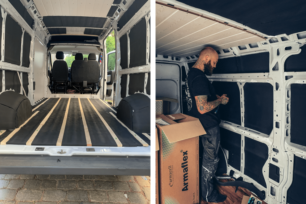 Der leere Van, mit Armaflexplatten gedämmt. Thomas steht im Van und schraubt die Dämmplatten fest. Der leere Van, mit Armaflexplatten gedämmt. Thomas steht im Van und schraubt die Dämmplatten fest.