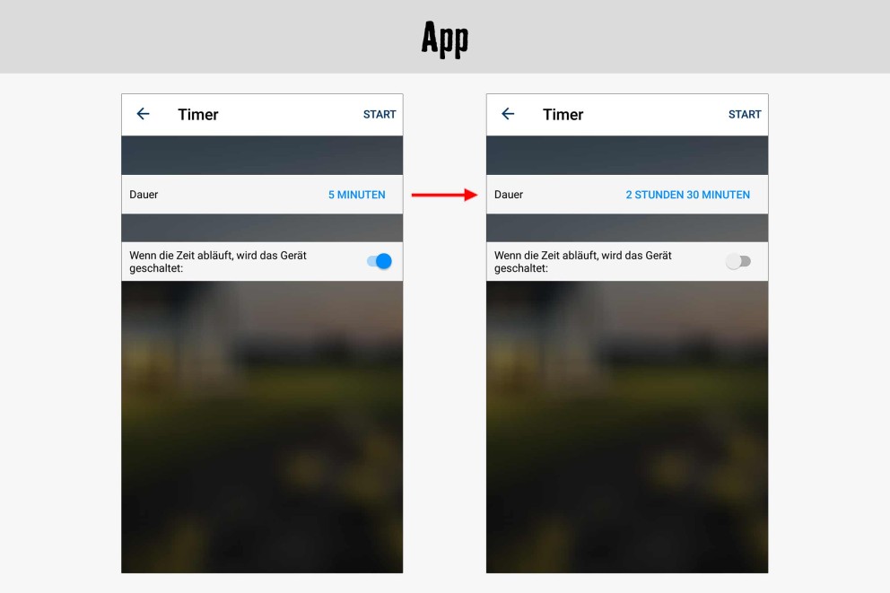 App-Ansicht mit Timer-Einstellungen: Dauer 5 Minuten, dann 2 Stunden 30 Minuten