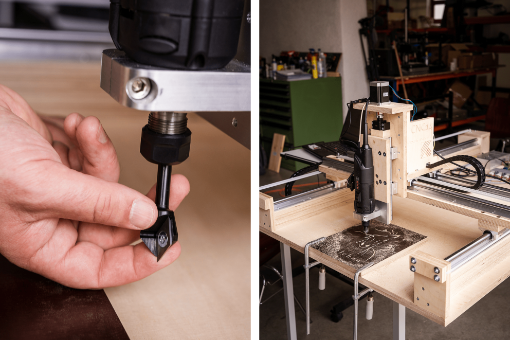 Dann wird die Vorlage im CAM Programm bearbeitet. Der Fräser wird am Motor befestigt. Und dann fräst die CNC14 die Kontur eines Pferdekopfs aus. Dann wird die Vorlage im CAM Programm bearbeitet. Der Fräser wird am Motor befestigt. Und dann fräst die CNC14 die Kontur eines Pferdekopfs aus.