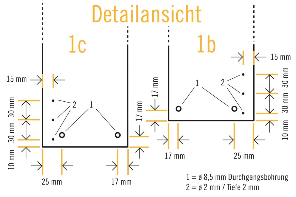 Detailansicht mit Maßangaben und Bohrlöchern