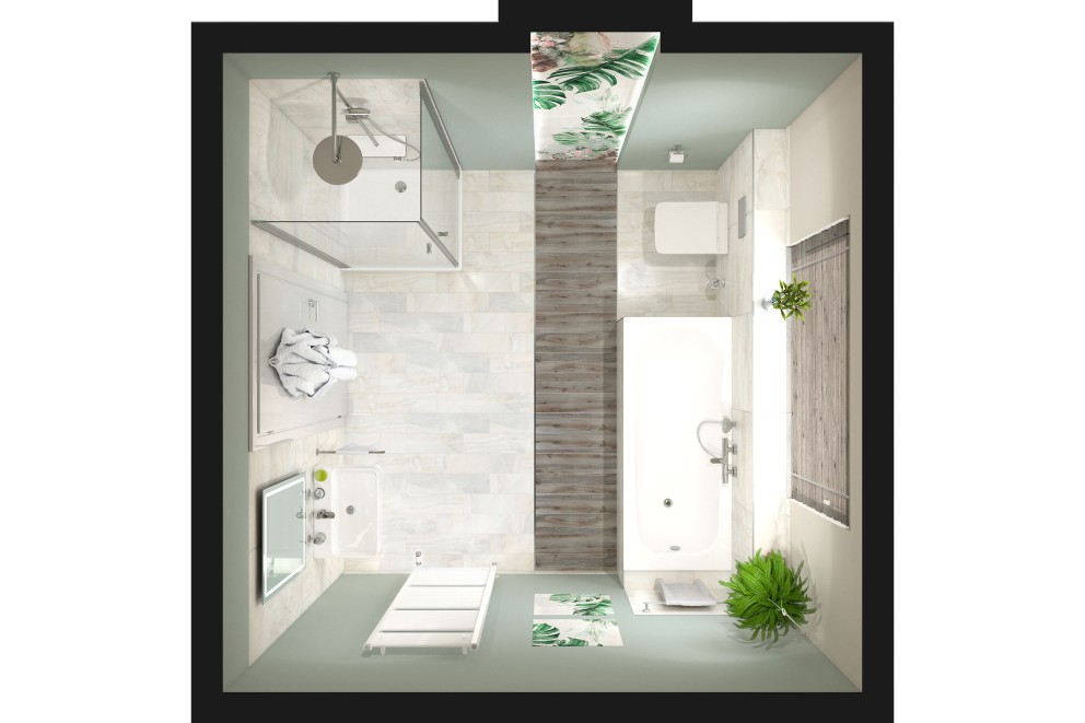 Badezimmer mit Dusche, Badewanne, Waschbecken und Toilette in Aufsicht