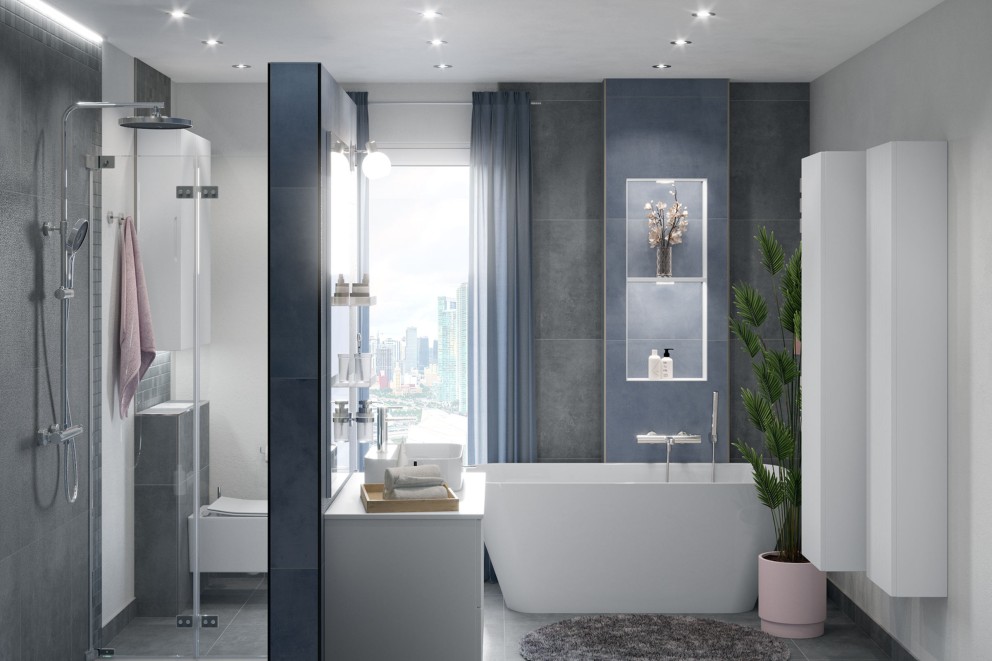 Modernes Badezimmer mit Dusche, Badewanne, Waschtisch und Badezimmermöbeln