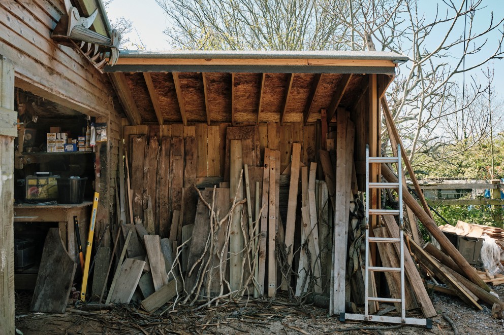 ltes Holz vor der Werkstatt: Rob benutzt für seine Werke die Überreste der Leyland Zypresse. ltes Holz vor der Werkstatt: Rob benutzt für seine Werke die Überreste der Leyland Zypresse.