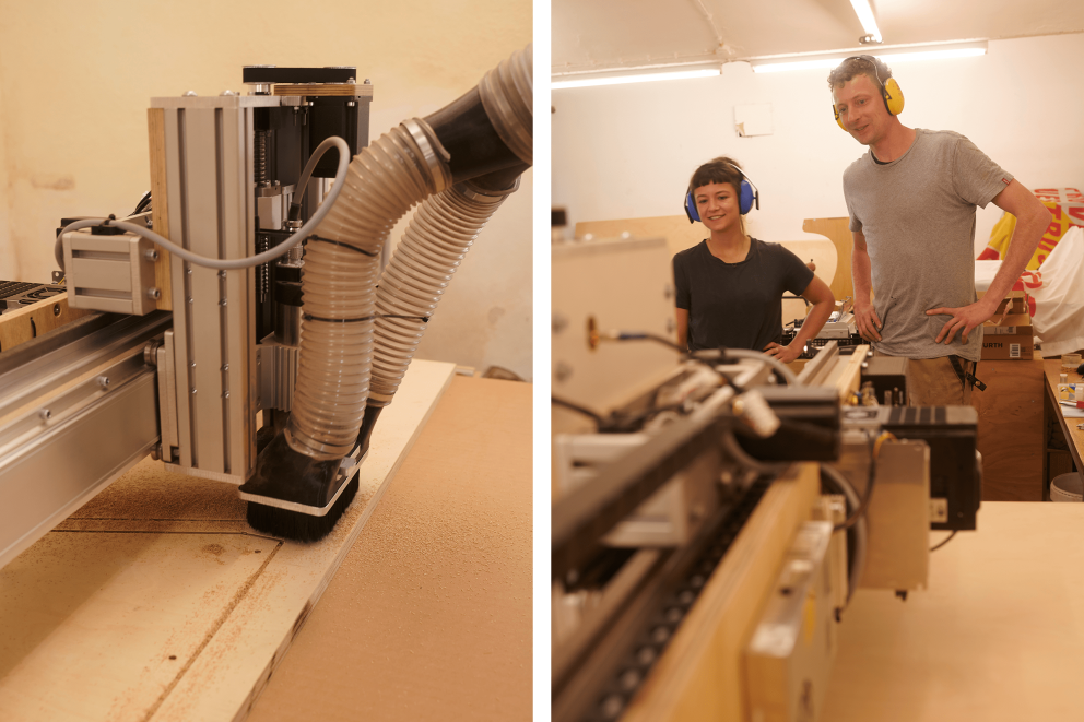 Lili positioniert das Holz, die CNC Fräse übernimmt die Feinarbeit. Lili positioniert das Holz, die CNC Fräse übernimmt die Feinarbeit.