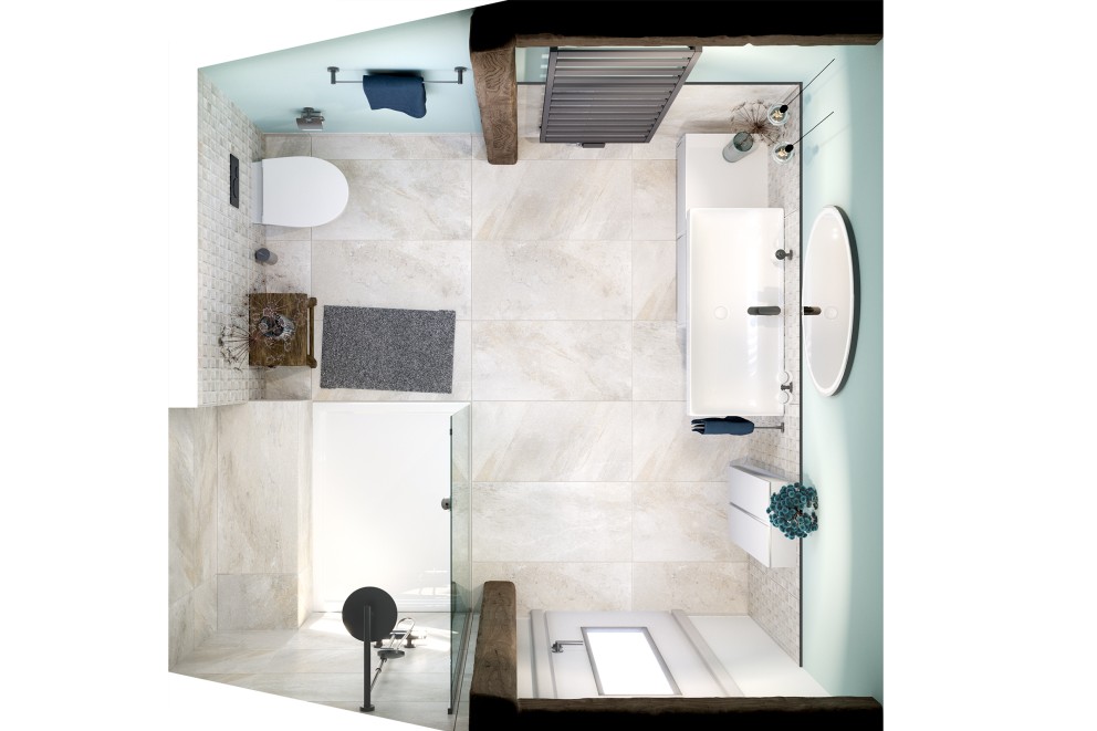 Draufsicht eines Badezimmers mit Dusche, Toilette, Waschbecken, Spiegel und Heizkörper.