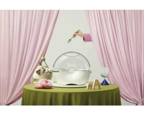 Szene mit einem weißen Haustierfutterautomaten, einem Vorhang, einer Hand mit einer Gabel und einer Katze, die mit einem Spielzeug spielt