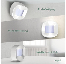 Drei Installationsmöglichkeiten eines weißen Bewegungsmelders: Eckbefestigung, Wandbefestigung und Installation mit Fuß.