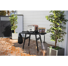 Szene im Freien mit einem Ninja Woodfire Elektrogrill und Zubehör auf einem Tisch.
