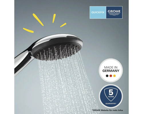 Grohe Handbrause mit Wasserstrahl und Hinweisen zu Quickfix, Made in Germany und Garantie