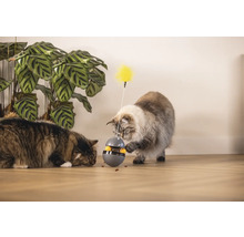 Zwei Katzen spielen mit einem interaktiven Futterspielzeug und einer Spielzeugfeder in einem hellen Raum