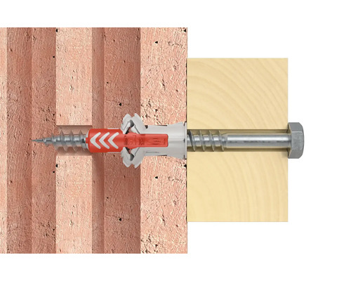 Universaldübel mit Schraube in Mauer und Holz