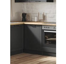 Küchenecke mit grauen Schränken, Arbeitsplatte aus Holz und Elektroherd