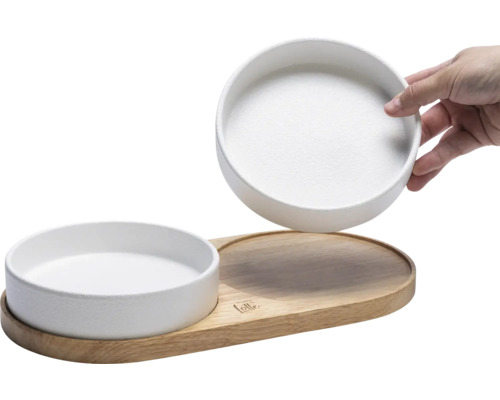 Doppelnapf für Haustiere aus Keramik mit Holzständer