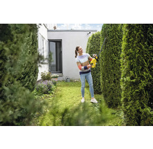 Frau schneidet Hecke mit einer Heckenschere im Garten.