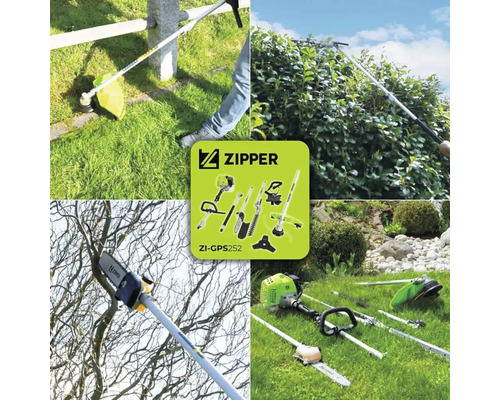 Mehrzweck-Gartengerät mit Rasentrimmer, Heckenschere und Kettensäge von Zipper