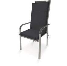 Gartenstuhl mit Armlehnen und dunkler Polsterung für Sitz und Rückenlehne